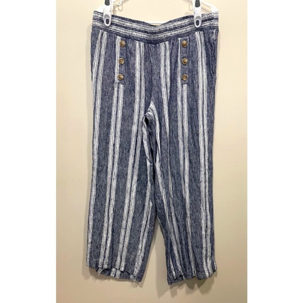 Marissa Olivia Womens Blue White Wide Leg Linen Blend Pants Large